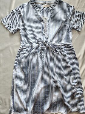 Cream Blue White Striped Short Sleeve Shirt Dress Size S